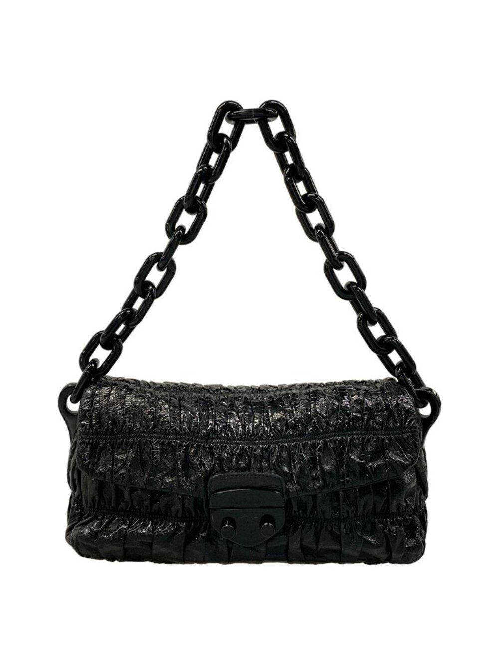 Prada Shoulder Bag Gather Black Leather Tag Plastic Chain